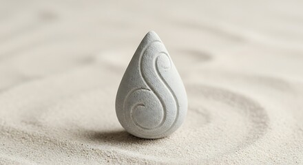 Obraz premium A sculpted stone water drop set upon a background of smooth sand. 