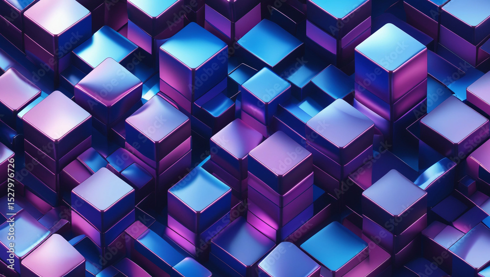 Poster a vibrant array of stacked metallic cubes in shades of blue and purple creating an abstract pattern