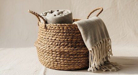 A cozy blanket neatly placed in a woven basket, ready for relaxation. 