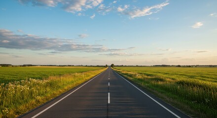 Fototapeta premium Road stretches through grassy fields, under a blue sky with scattered white clouds
