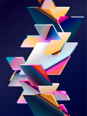 3D glass squares and rectangles. Abstract geometric background of colorful Isometric shape.