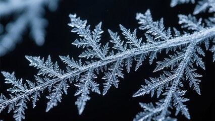 Delicate frostwork ice crystals forming intricate patterns on black, a mesmerizing abstract winter texture