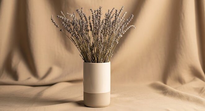 A simple image of lavender in a vase against a neutral backdrop. 