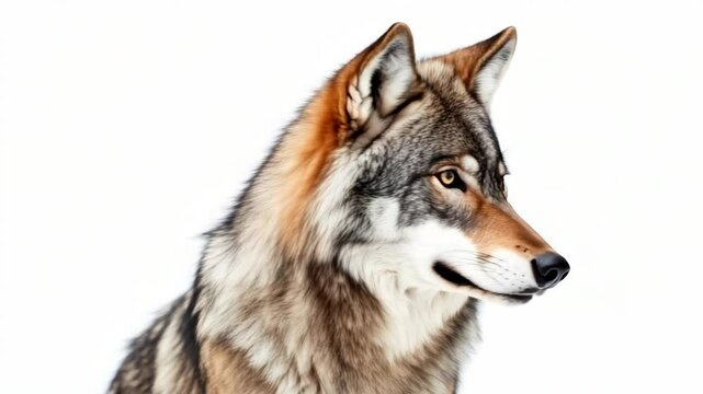 Close-up of a calm, fluffy wolf with eyes closed, realistic style, isolated on white background. Concept of peace, nature, and wildlife