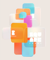 Transparent geometric squares and rectangles in liquid glass style. Abstract poster design.