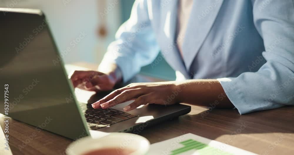 Poster Typing, hands and person with laptop, desk and marketing manager with graphs for campaign or online. Office, info and employee with tech for ad on website, keyboard or planning with data in business
