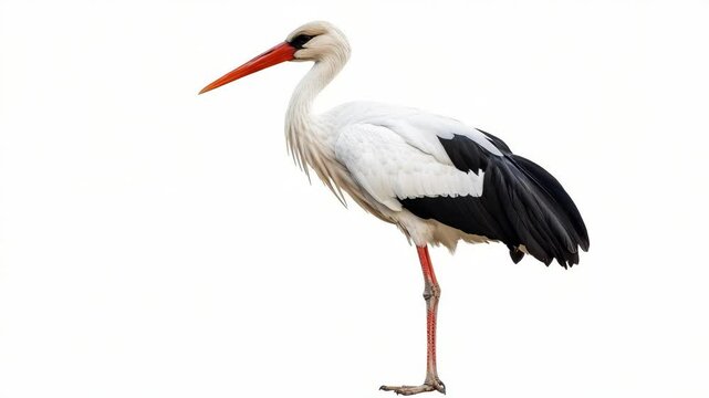 A white stork with black wings and red beak standing on one leg, photographed in natural style on a white background, symbolizing elegance