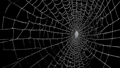 Naklejka premium A detailed spider web glistening with water droplets against a black backdrop