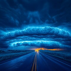 "Mysterious Night Road under Dark Blue Sky"