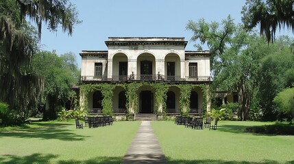 Obraz premium Historic Southern Mansion with Lush Greenery and Elegant Architectural Details