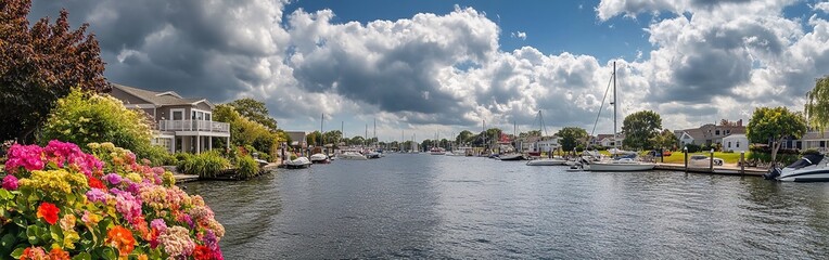 Fototapeta premium Scenic Waterway in American Coastal Town with Sailboats and Colorful Flowers Under a Cloudy Sunny Sky