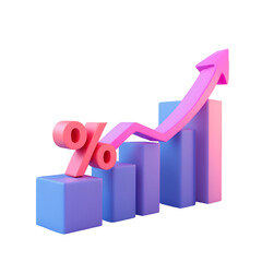 3d render of a percentage symbol with an upward trend financial growth chart PNG file isolated on transparent background cut out, clipping path, social media,Advertisement,high quality, HD photo.