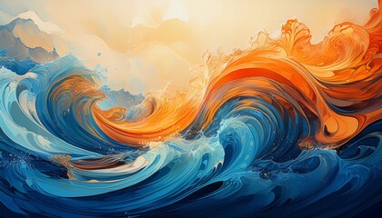 a painting of a wave of water with orange and blue colors