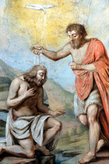 Collegiate Church of Saint-Jacques le Majeur.  Mural painting.  The baptism of Jesus by John the Baptist.  Sallanchess. France. © Godong Photo
