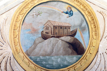 Collegiate Church of Saint-Jacques le Majeur.  Mural painting. Noah and the dove is the bird that...