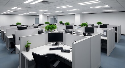 Empty Office Cubicles with Computers and Potted Plants