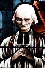Saint Marien church.  Stained glass. Saint John Vianney, was a French Catholic priest who is...