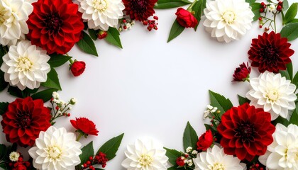 red and white flowers frame on white background