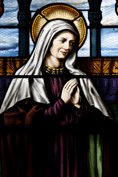 Saint Marien church.  Stained glass. Saint Monica was the mother of Saint Augustine. Mezilles. France.