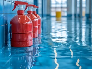 Two Red Fire Extinguishers on Blue Tiled Floor
