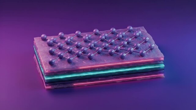 Abstract Molecular Structure with Geometric Shapes in Neon Colors Futuristic Design with Artificial Intelligence and Modern Innovation on Purple Background