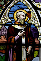 Saint Marien church.  Stained glass. St Augustine of Hippo.  Mezilles. France.
