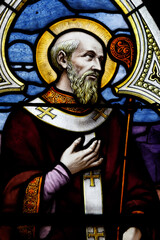 Saint Marien church.  Stained glass. St Augustine of Hippo.  Mezilles. France.