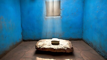 Illuminated tranquility: A stone platform in a blue room with heavenly light