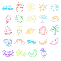 Colorful Hand Drawn Summer Icon Set. Cute Doodle Summer Vacation and Beach Icon Set. Vector design elements.
