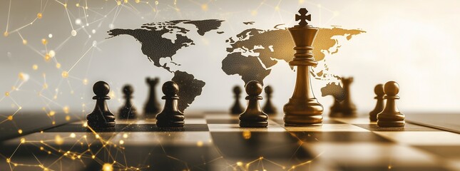 Golden chess king on board with global network and world map, business strategy concept

