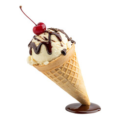 Delicious Vanilla Ice Cream Cone with Chocolate Sauce and Cherry