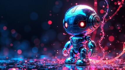 Shiny blue robot with glowing red eyes, standing on colorful, sparkling ground.