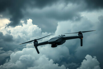 Government Surveillance - A Drone Flies On A Clandestine Mission Under An Ominous, Dark, And Turbulent Cloudy Sky.