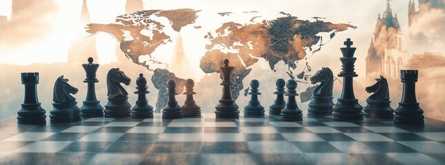 Golden chess king on board with global network and world map, business strategy concept

