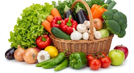 Fresh Vegetables and Fruits in Wicker Basket Still Life