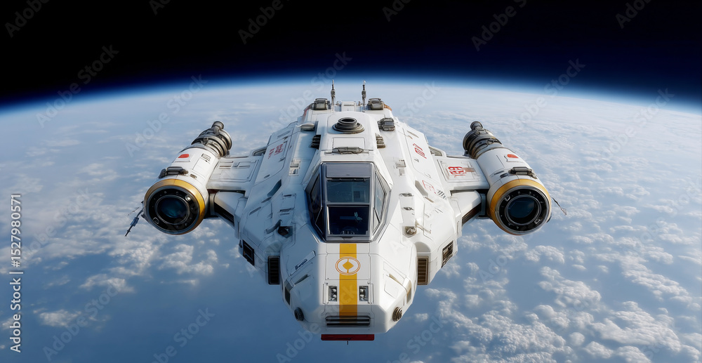 Poster a robotic exploration vessel hovers above a distant planet, engaged in an expedition to gather data 