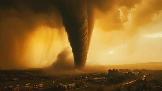 Huge tornado funnel cloud forming over town under dramatic golden-orange sunset sky, showing extreme weather and natural disaster threat