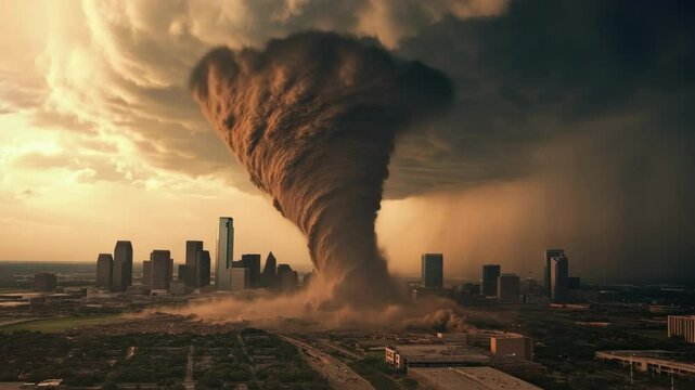 Huge tornado funnel cloud tearing through urban city buildings, dramatic cinematic style, dark stormy sky background, concept of natural disaster