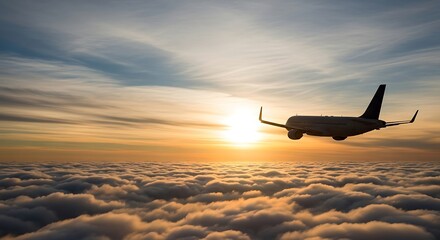 Airplane Flying Above Clouds at Sunset with Warm Light