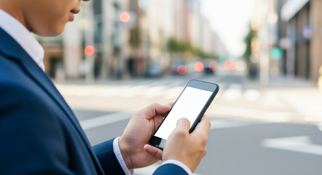 Business professional engaged in smartphone communication urban street lifestyle image daytime city environment close-up viewpoint connectivity concept
