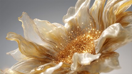 Golden glitter bursts from a translucent, pearlescent flower.