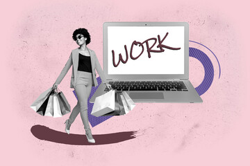 Composite creative full art collage of happy businessman businesswoman stand laptop device...