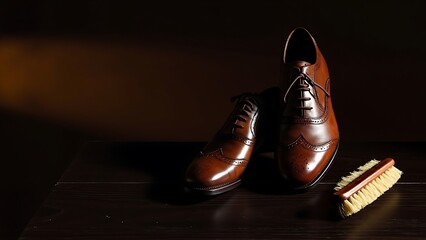 Elegant brown leather brogue shoes with a shoe brush on a dark wooden surface