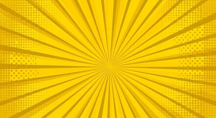 Yellow Comic Background with Radial Lines and Halftone Pattern
