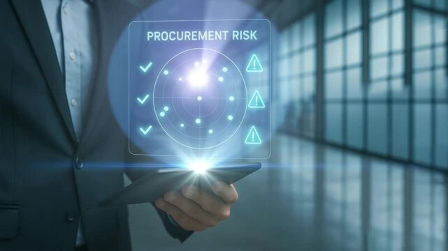 Business hand using digital device with holographic procurement risk analytics radar, analyzing supply chain risks, procurement management, supply chain, procure protect