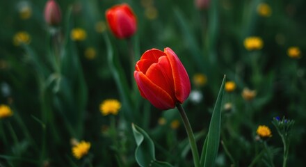 Fototapeta premium A vibrant red tulip in a field of green grass and small yellow flowers in spring