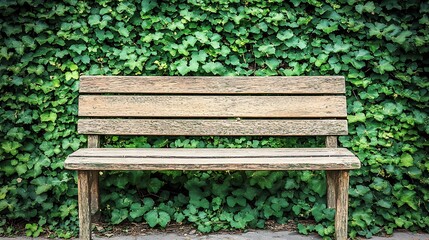 Rustic wooden bench nestled against a lush green ivy-covered wall backdrop
