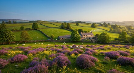 Obraz premium Rolling green hills, stone fences, and a house in the landscape, lavender in bloom