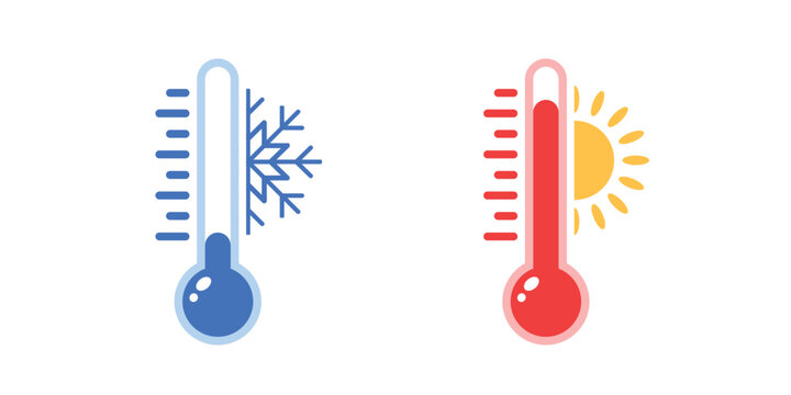 Street thermometer sign with two thermometers showing cold and hot temperatures. Represents weather forecast, high summer heat, frost, and snow. Flat vector design for seasonal weather illustration.