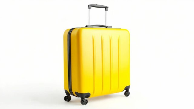 Yellow hard-shell suitcase with black wheels and handle, minimal style, isolated on white, concept of travel and luggage essentials